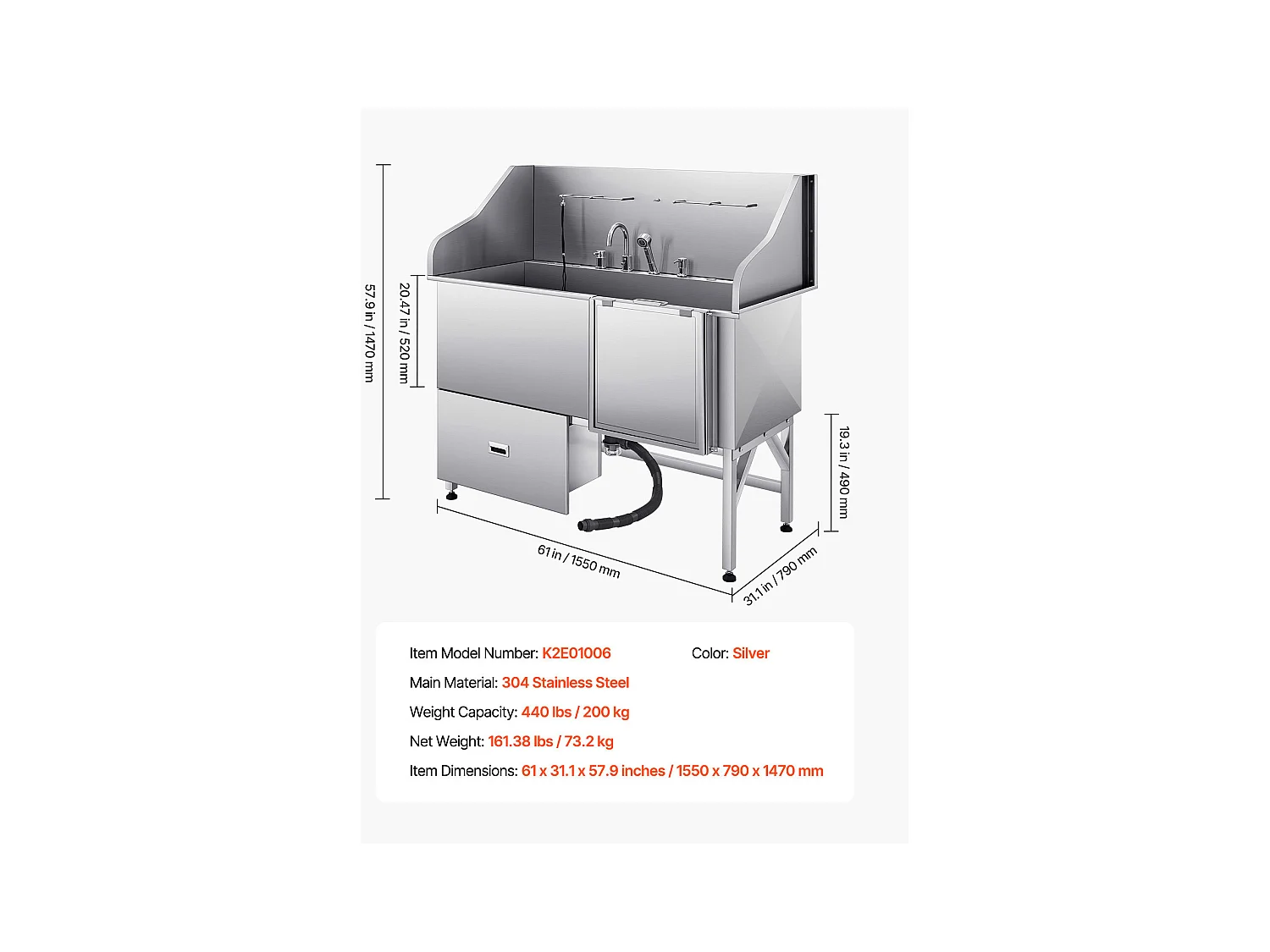 Baignoire de Chien SucceBuy, Animaux Compagnie Acier Inox 155 cm, Rampe Porte Droite