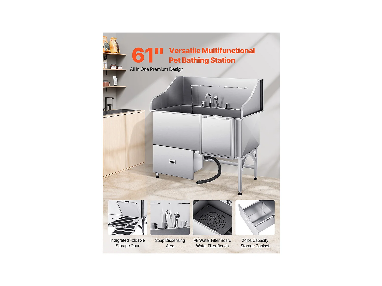 Baignoire de Chien SucceBuy, Animaux Compagnie Acier Inox 155 cm, Rampe Porte Droite