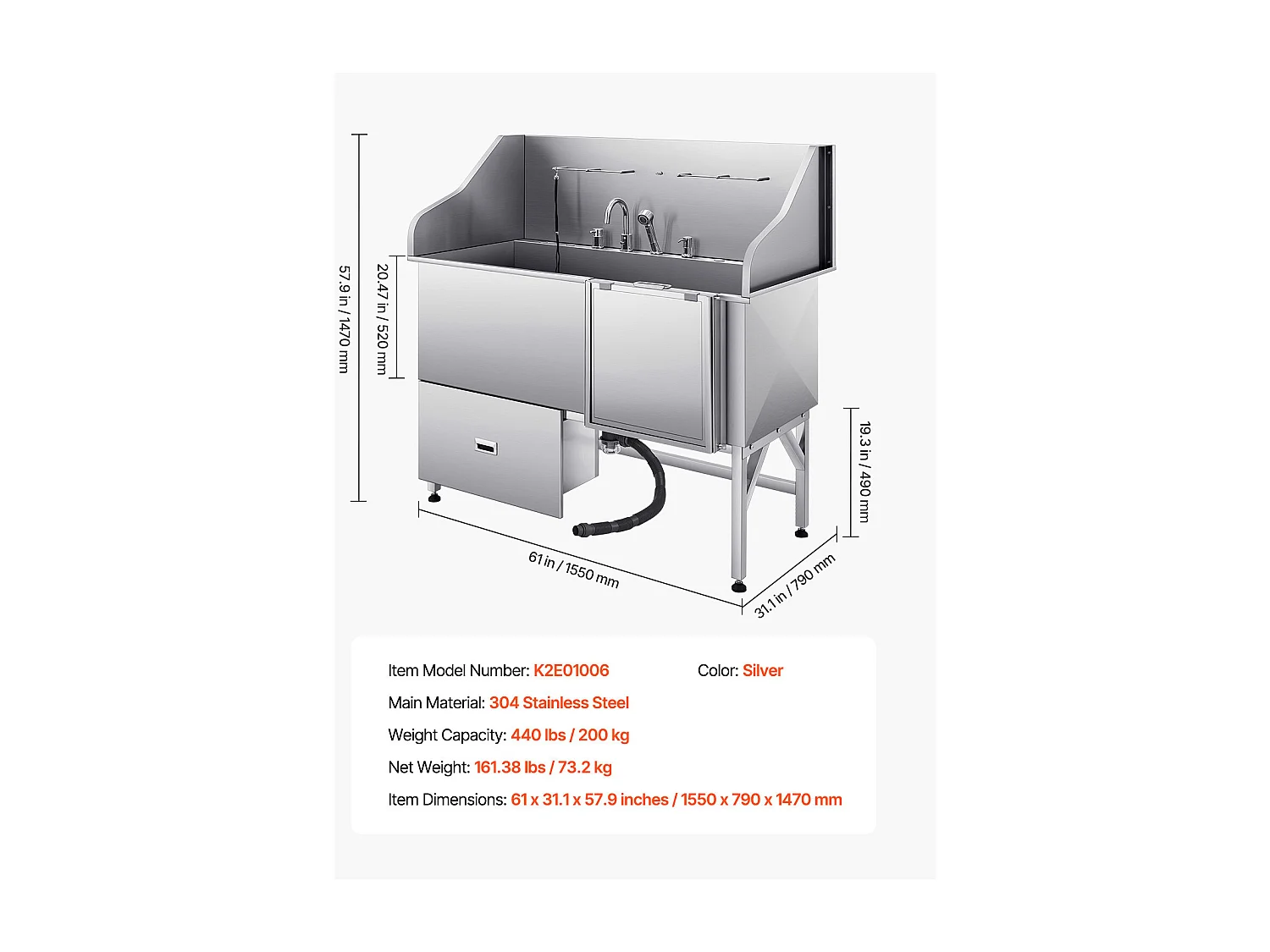 Baignoire de Chien SucceBuy, Animaux Compagnie Acier Inox 155 cm, Rampe Porte Droite