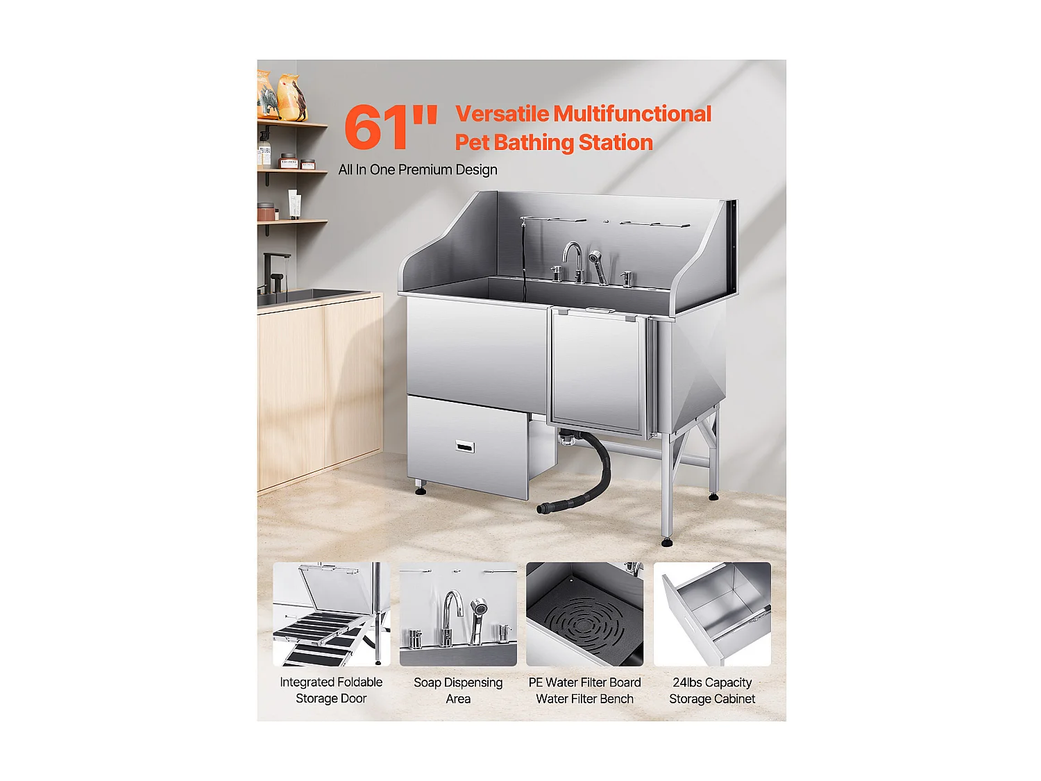 Baignoire de Chien SucceBuy, Animaux Compagnie Acier Inox 155 cm, Rampe Porte Droite