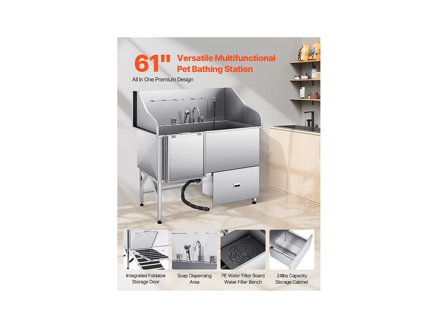 Baignoire de Chien SucceBuy, Animaux Compagnie Acier Inox 155 cm, Rampe Porte Gauche