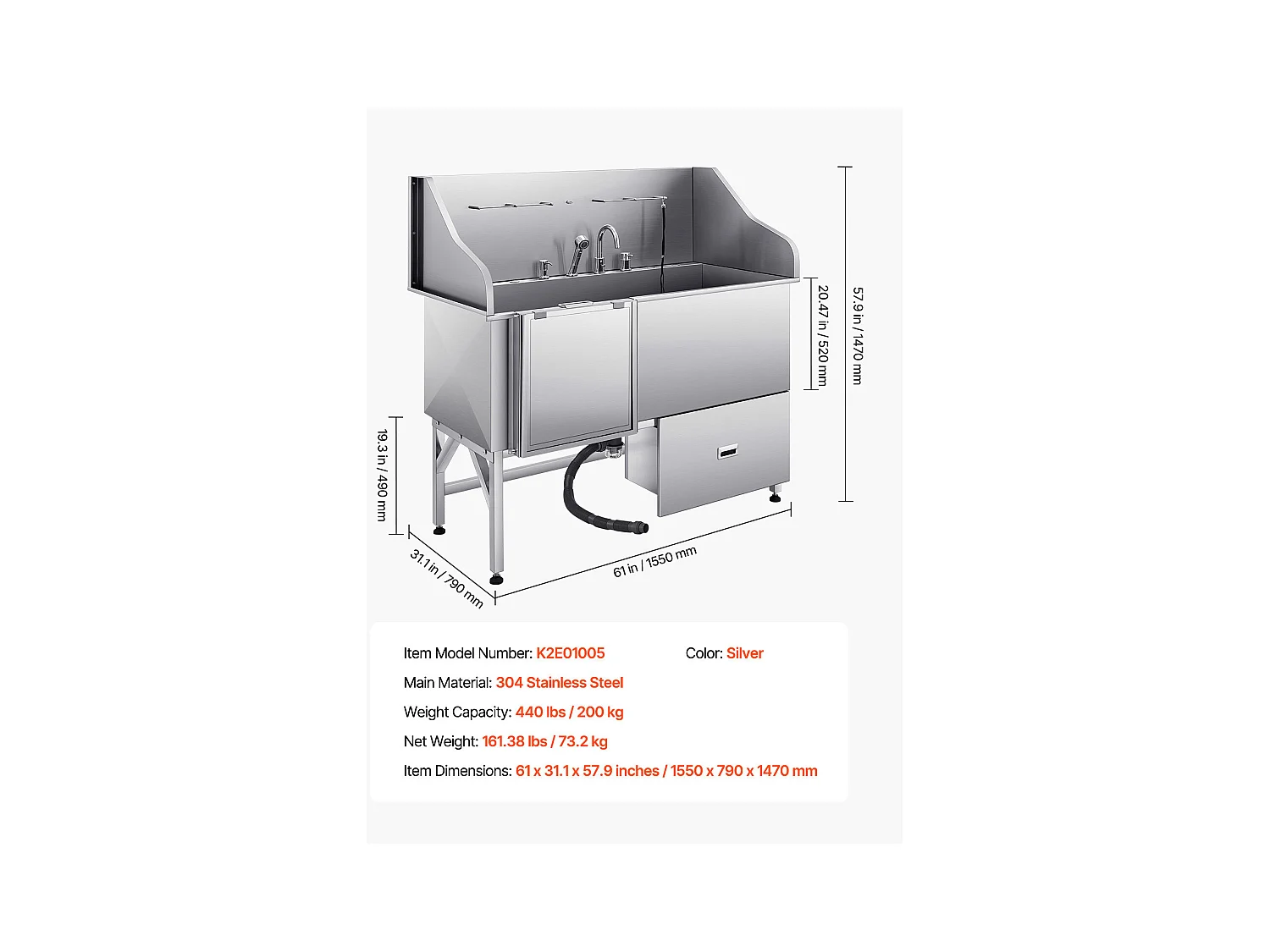 Baignoire de Chien SucceBuy, Animaux Compagnie Acier Inox 155 cm, Rampe Porte Gauche