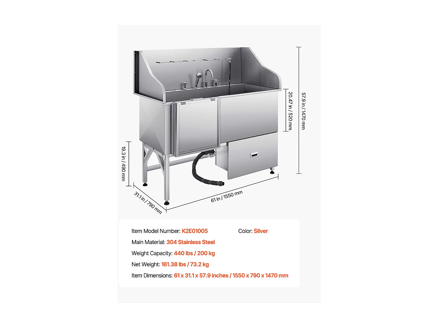 Baignoire de Chien SucceBuy, Animaux Compagnie Acier Inox 155 cm, Rampe Porte Gauche