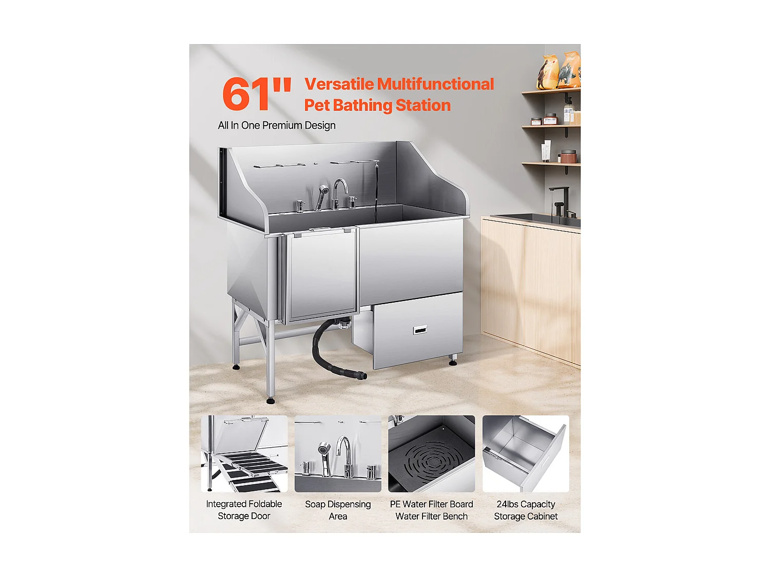 Baignoire de Chien SucceBuy, Animaux Compagnie Acier Inox 155 cm, Rampe Porte Gauche