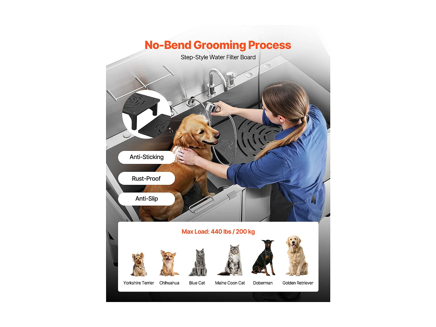 Baignoire de Chien SucceBuy, Animaux Compagnie Acier Inox 155 cm, Rampe Porte Gauche