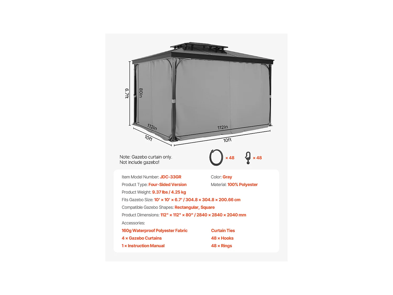 Zasłona Intymności, Nieprzepuszczalna Przez Wodę Altanka SucceBuy, 4 Panele, 284 x 284 x 204 cm, Szary