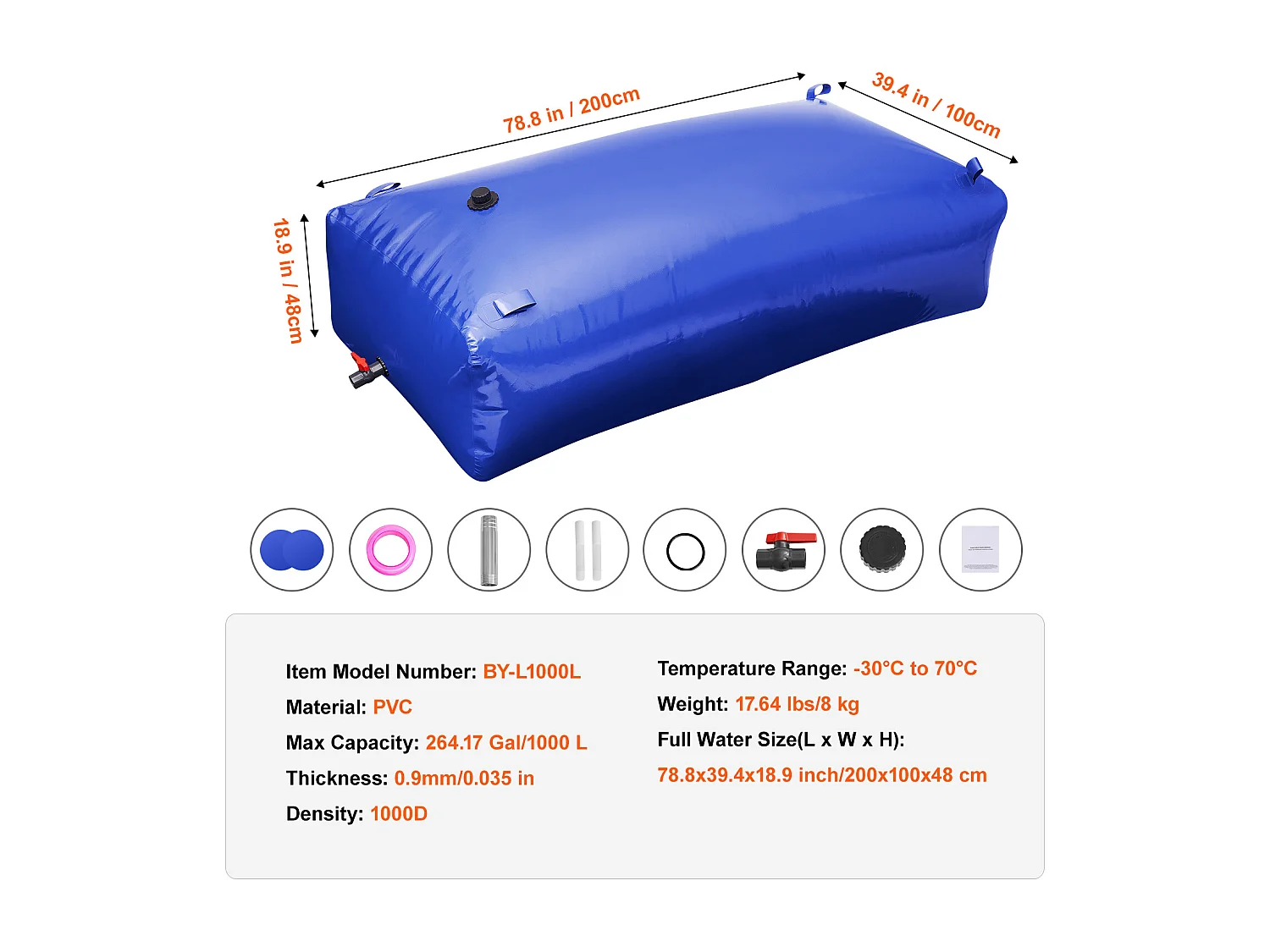 Réservoir d'Eau Portable SucceBuy de 1000L, Pliable en PVC 1000D, Réservoir d'Eau pour Camping-Car, Grande Capacité, Portable, Prévention des Incendies, Camping
