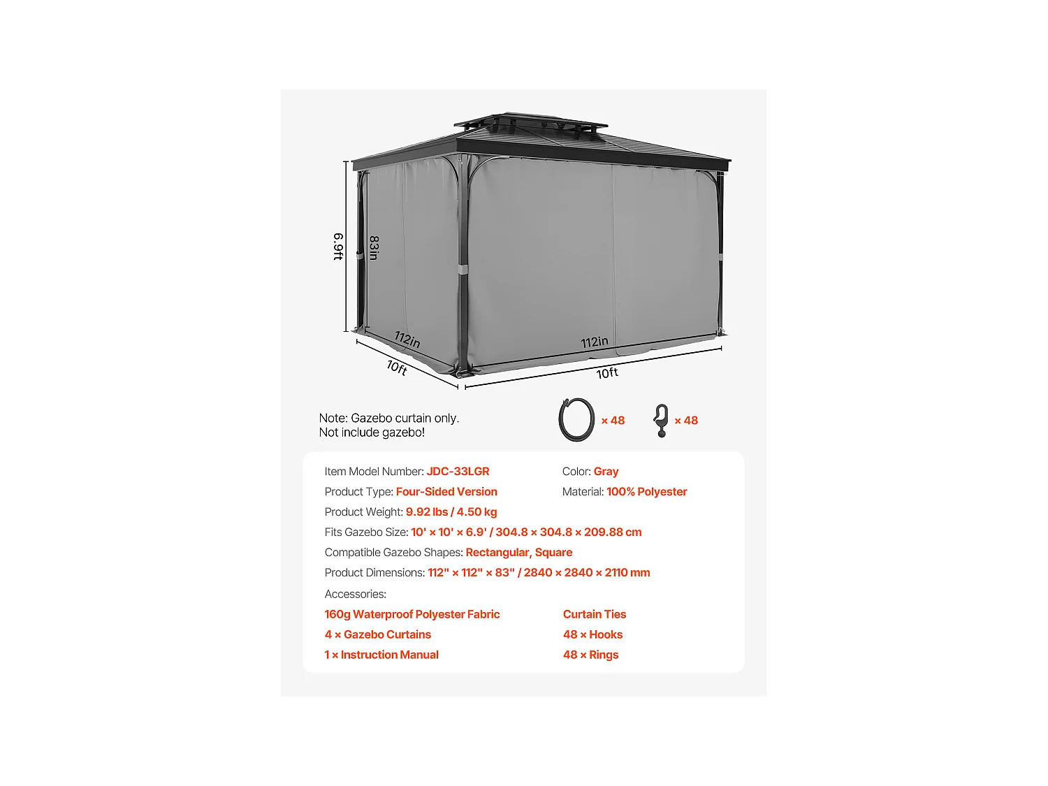 Zasłona Intymności, Nieprzepuszczalna Przez Wodę Altanka SucceBuy, 4 Panele, 284 x 284 x 211 cm, Szary