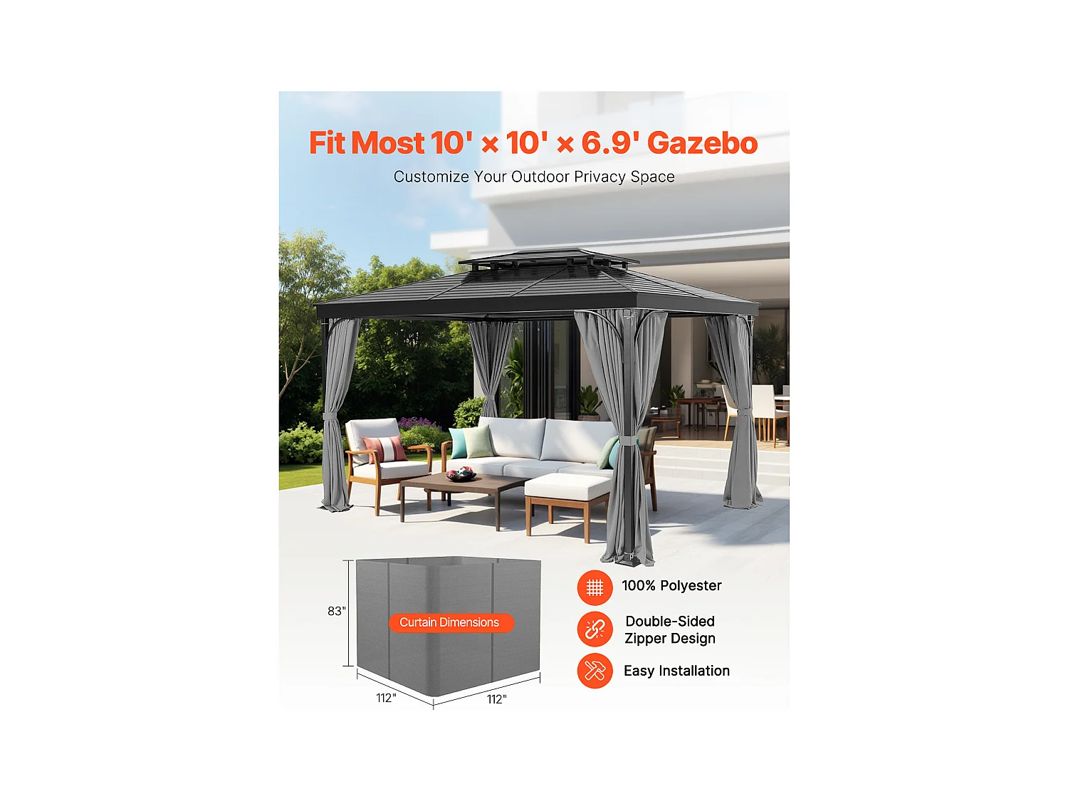 Zasłona Intymności, Nieprzepuszczalna Przez Wodę Altanka SucceBuy, 4 Panele, 284 x 284 x 211 cm, Szary