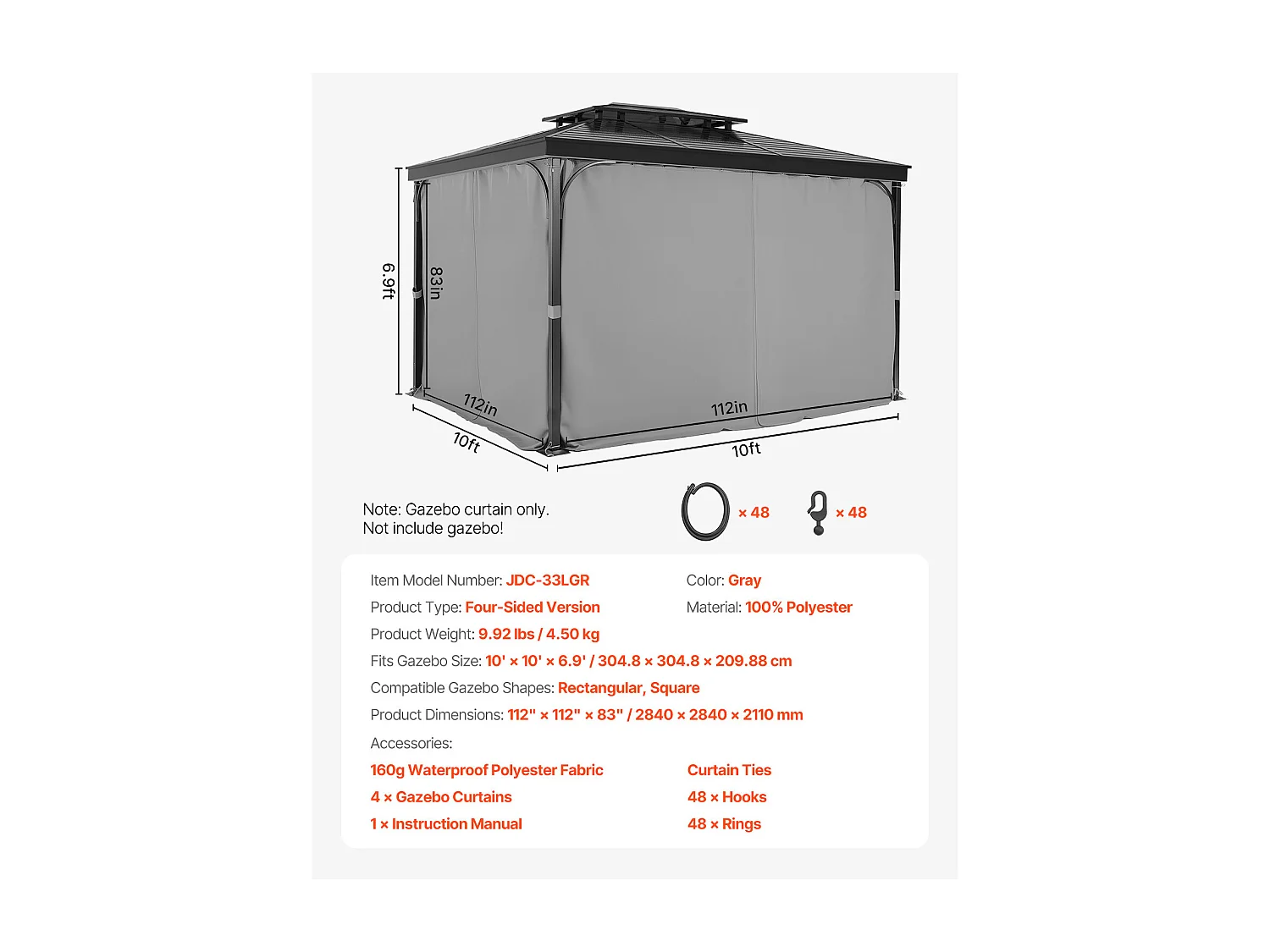 Zasłona Intymności, Nieprzepuszczalna Przez Wodę Altanka SucceBuy, 4 Panele, 284 x 284 x 211 cm, Szary