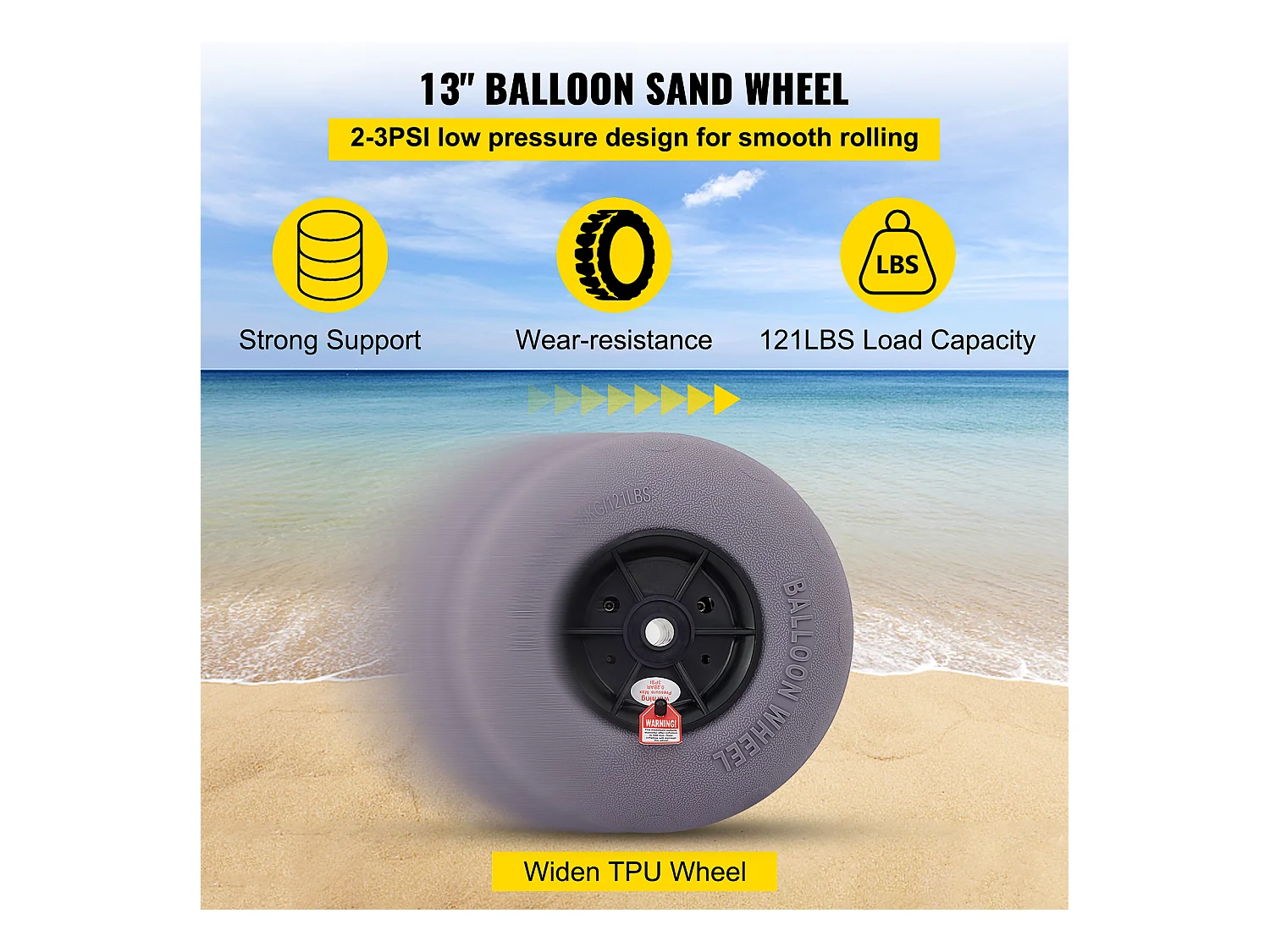 Roues de Plage, SucceBuy Pneus de Plage 33 cm, TPU, Capuchon 55 kg, Pneus de Sable, Roues de Plage, Gris, PVC