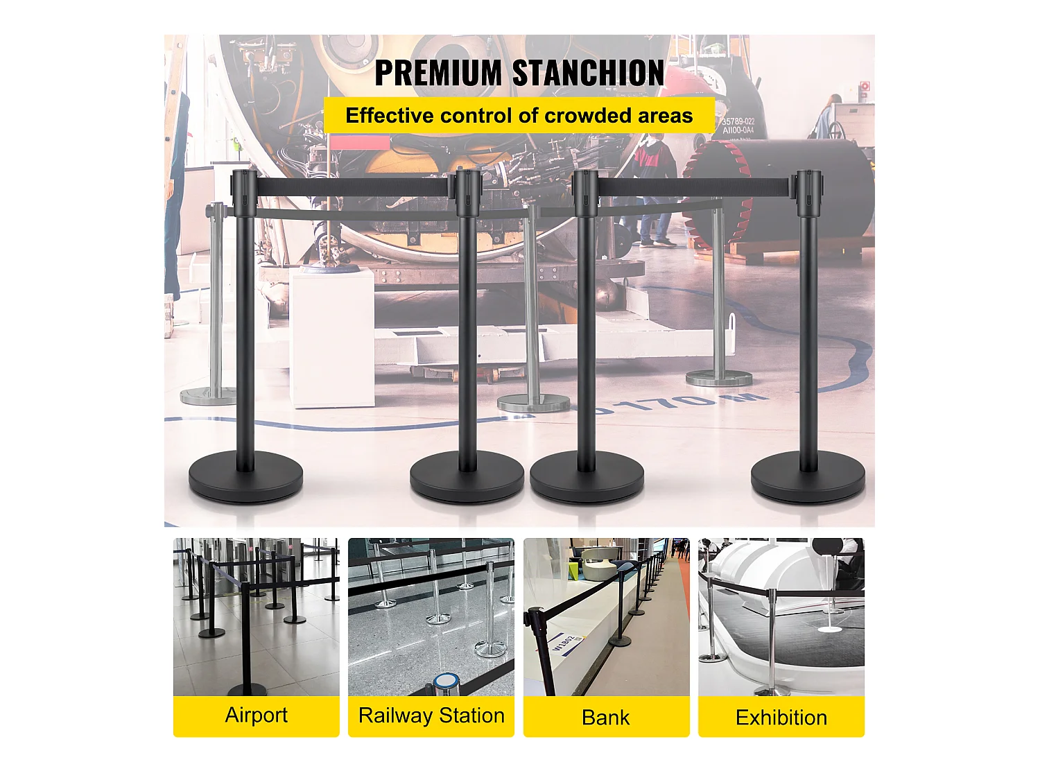 Poteau de Guidage SucceBuy, Barrière de Balisage 4 pcs, Sangle 2 m, Noir, pour Théâtre