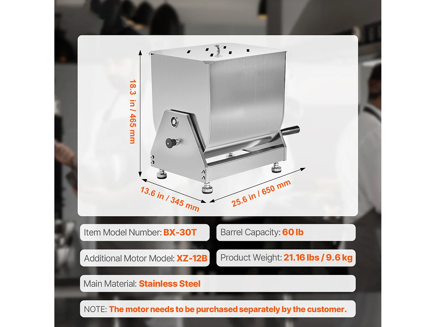 Fleischmischer SucceBuy, Manuell mit Kippbarem 60-Liter-Behälter und Drehzahlminderer