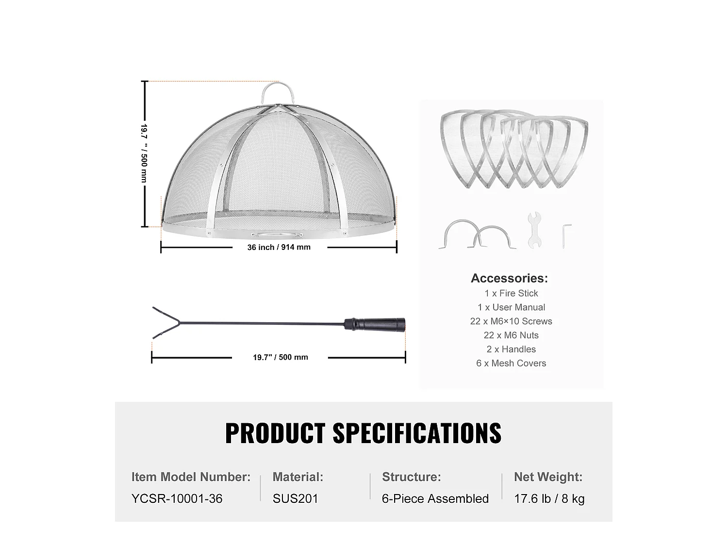 Couvercle de Protection SucceBuy Anti-Étincelles pour Foyer, Diamètre de 91.44 cm, Accessoires Ronds pour Foyer Extérieur, Couvercle en Métal