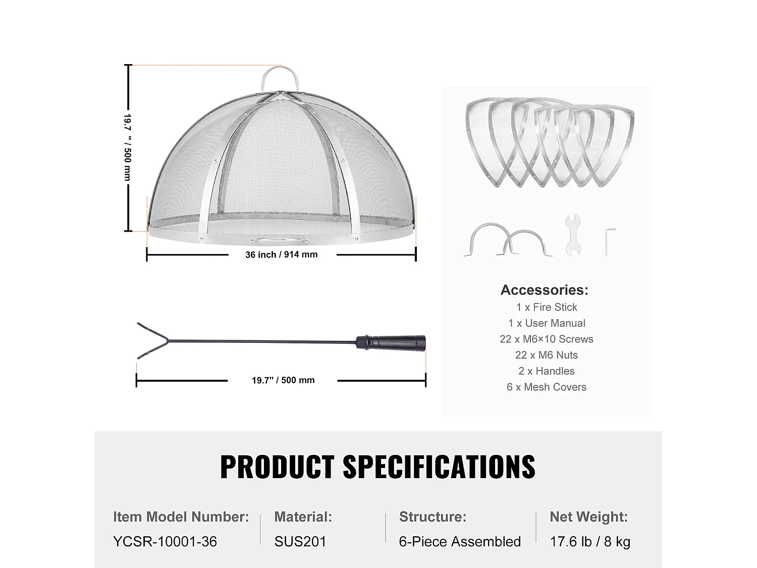Couvercle de Protection SucceBuy Anti-Étincelles pour Foyer, Diamètre de 91.44 cm, Accessoires Ronds pour Foyer Extérieur, Couvercle en Métal