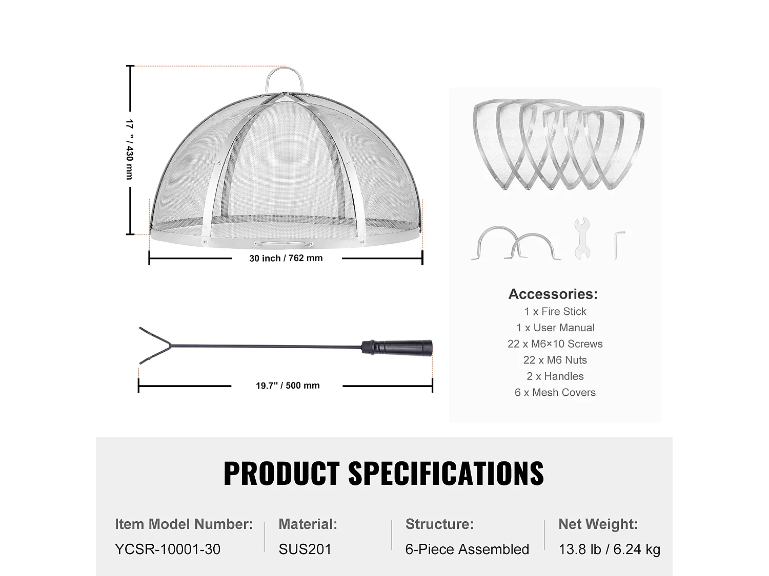 Couvercle de Protection SucceBuy Anti-Étincelles pour Foyer Rond à Bois de 76.2cm en Acier Inoxydable, Accessoires Ronds pour Anneau de Foyer Extérieur