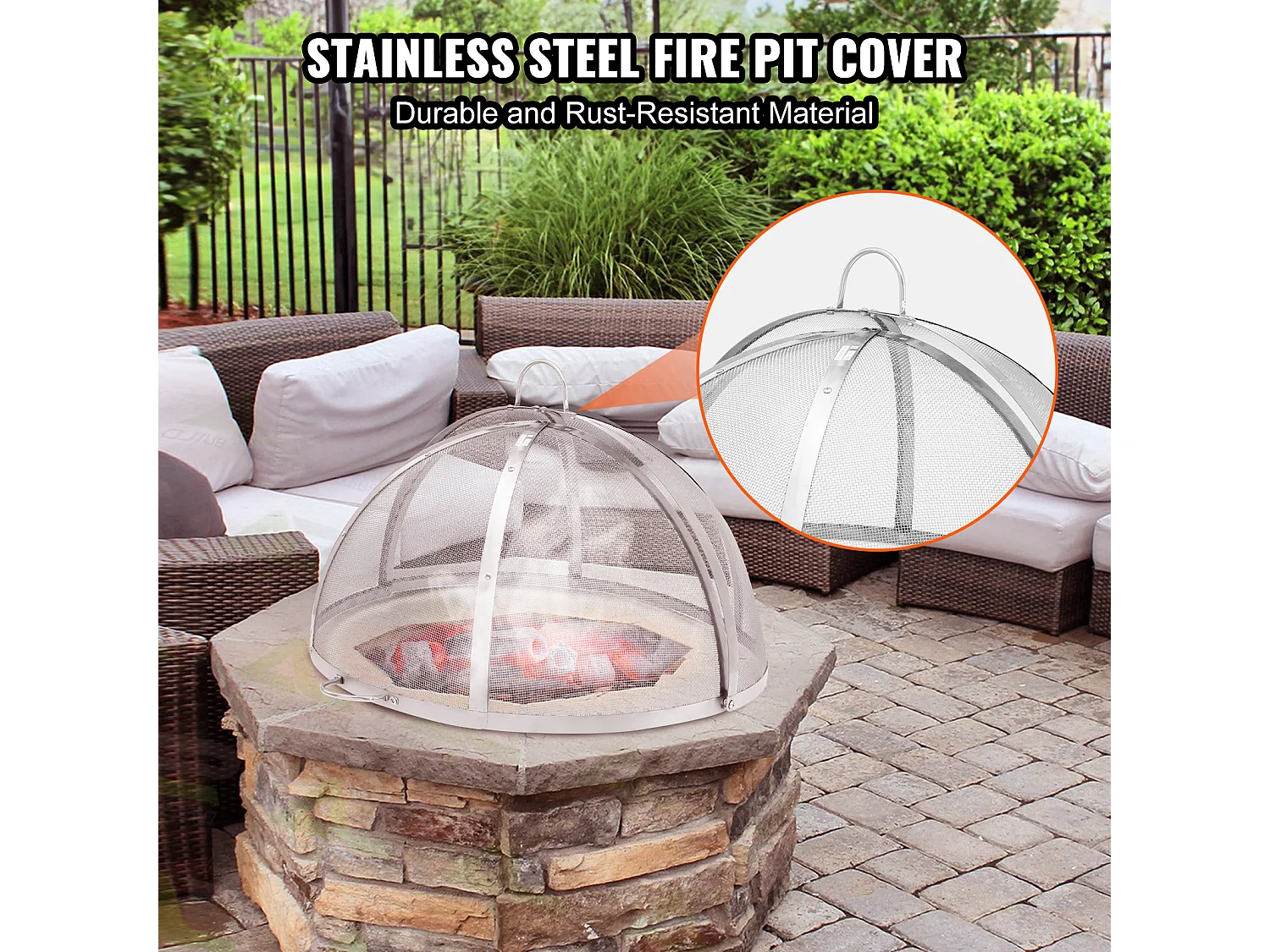 Couvercle de Protection SucceBuy Anti-Étincelles pour Foyer Rond à Bois de 76.2cm en Acier Inoxydable, Accessoires Ronds pour Anneau de Foyer Extérieur