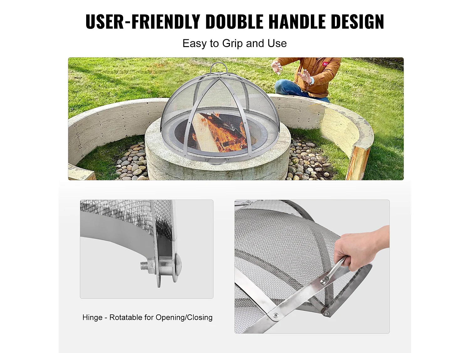 Couvercle de Protection SucceBuy Anti-Étincelles pour Foyer Rond à Bois de 76.2cm en Acier Inoxydable, Accessoires Ronds pour Anneau de Foyer Extérieur