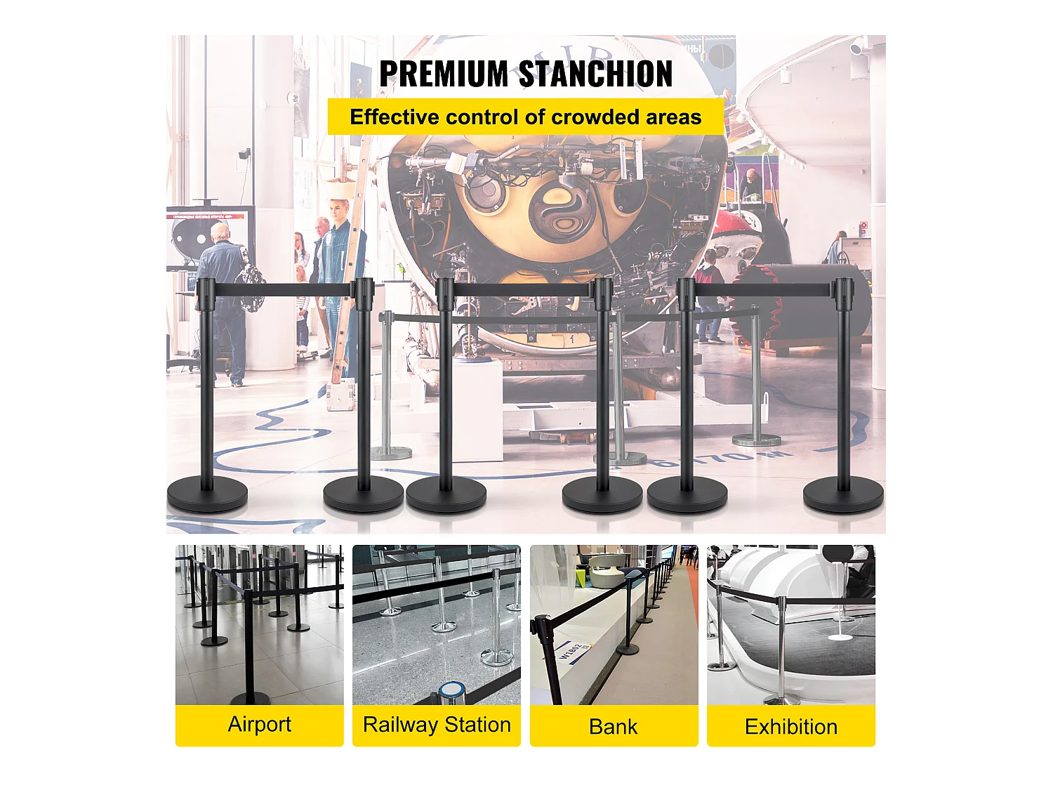 Poteau de Guidage SucceBuy, Barrière de Balisage 6 pcs, Sangle 2 m, Noir, pour Théâtre