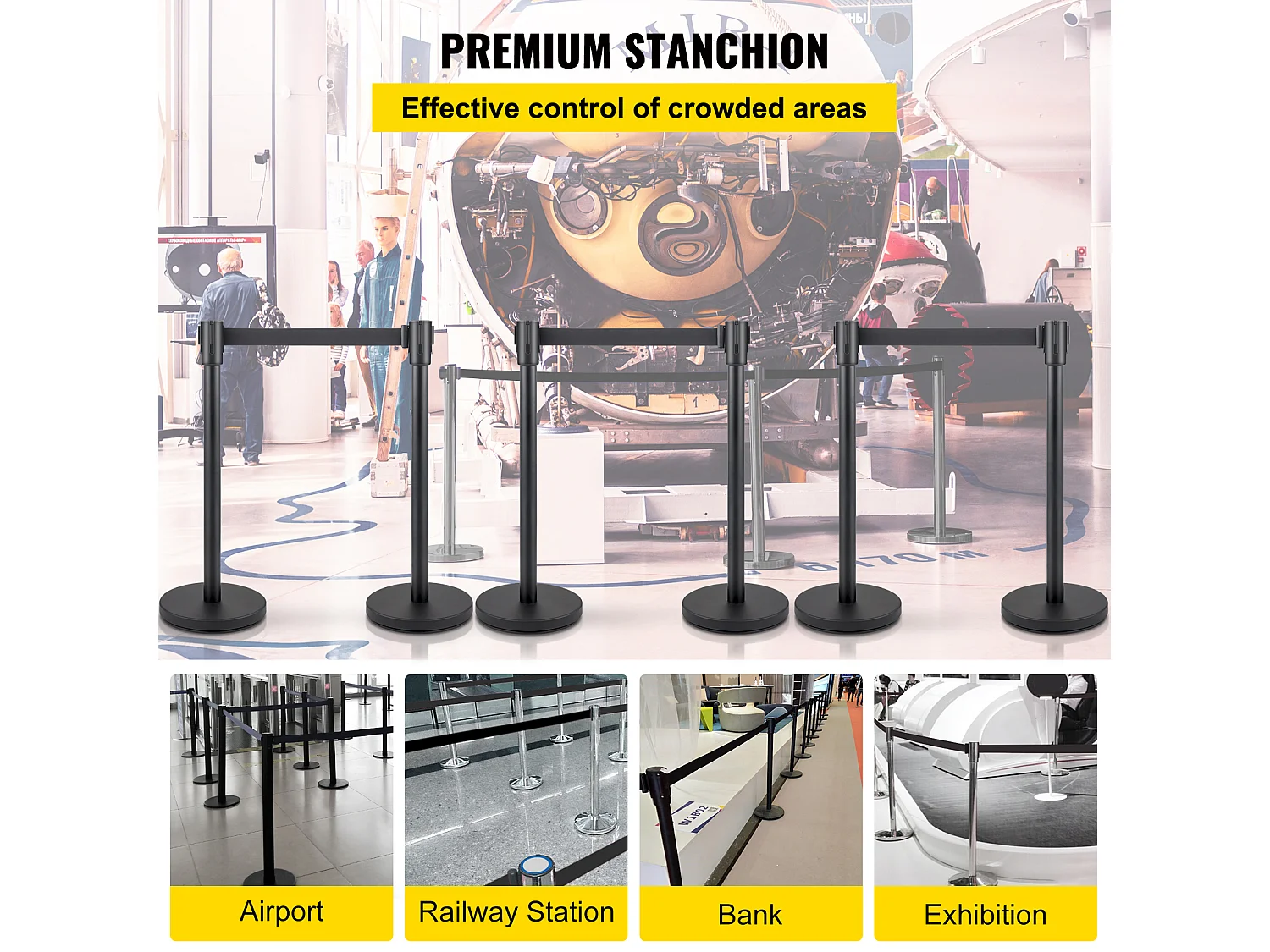 Poteau de Guidage SucceBuy, Barrière de Balisage 6 pcs, Sangle 2 m, Noir, pour Théâtre