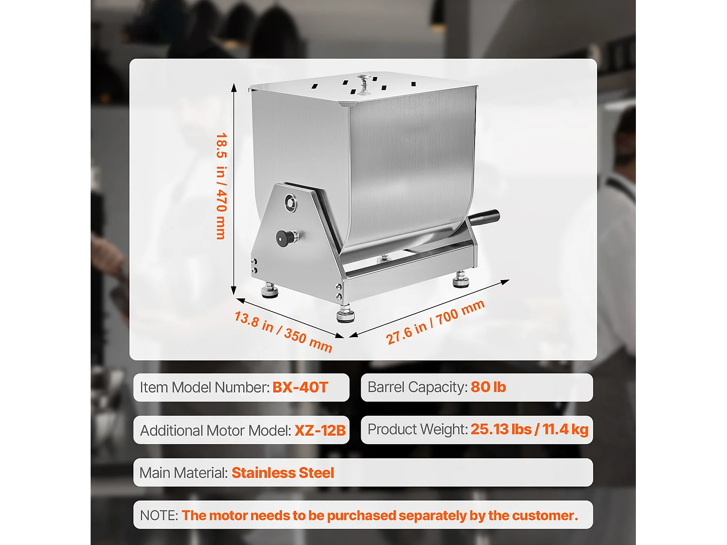Mieszalnik do Mięsa SucceBuy, Ręczny z Pochylanym Zbiornikiem o Pojemności 80 L z Reduktorem Prędkości