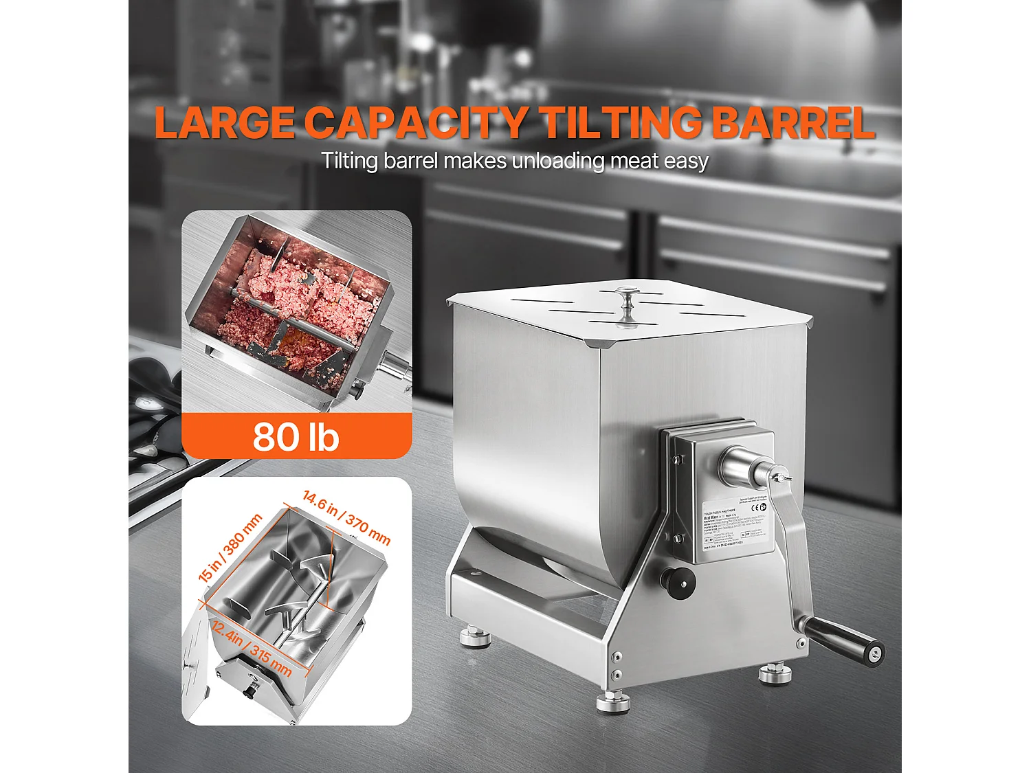 Mieszalnik do Mięsa SucceBuy, Ręczny z Pochylanym Zbiornikiem o Pojemności 80 L z Reduktorem Prędkości