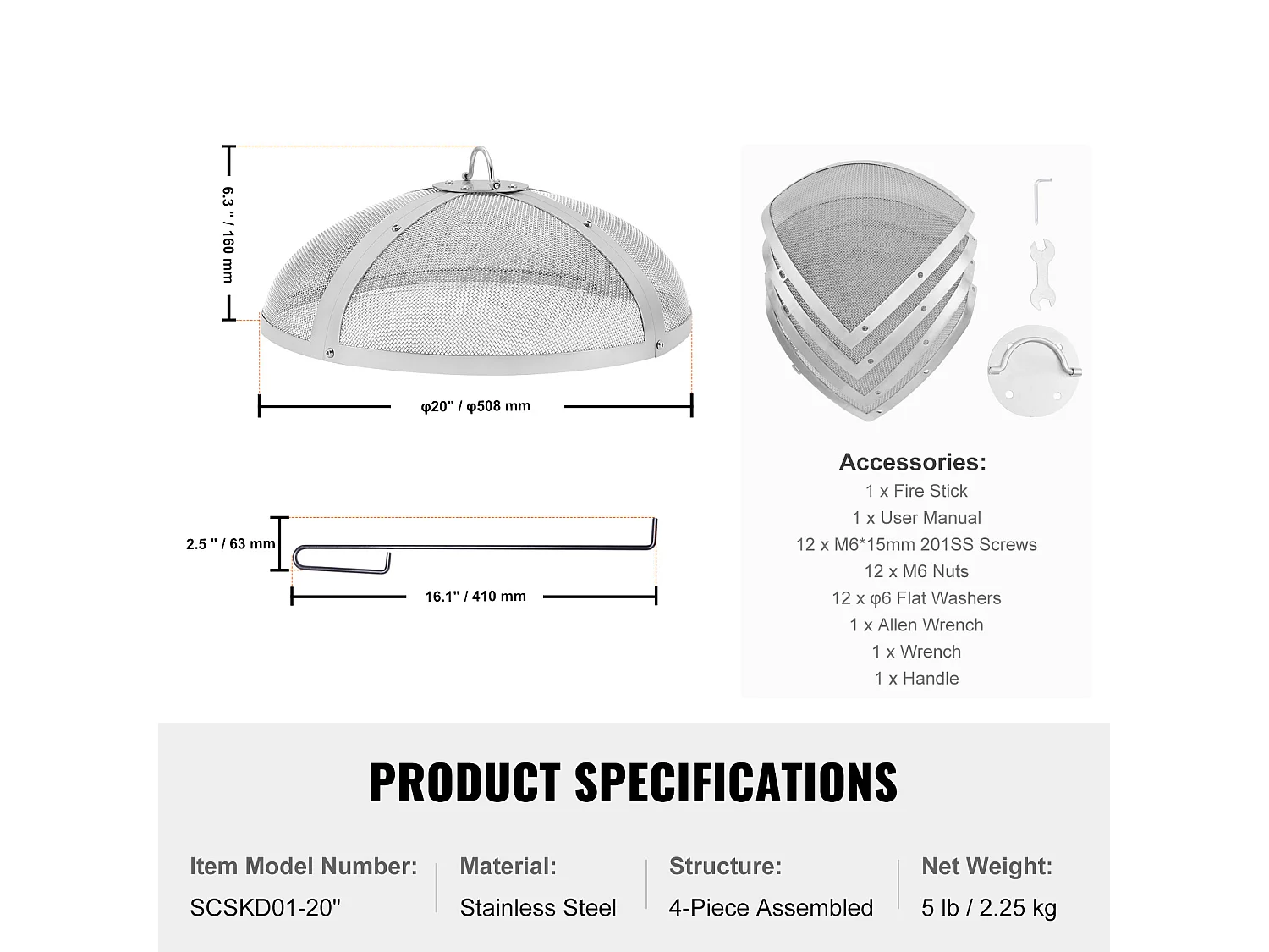 Couvercle de Protection SucceBuy Anti-Étincelles de 50.8cm, Couvercle en Acier Robuste Renforcé, Couvercle de Foyer d'Extérieur avec Dessus à Ouverture Facile