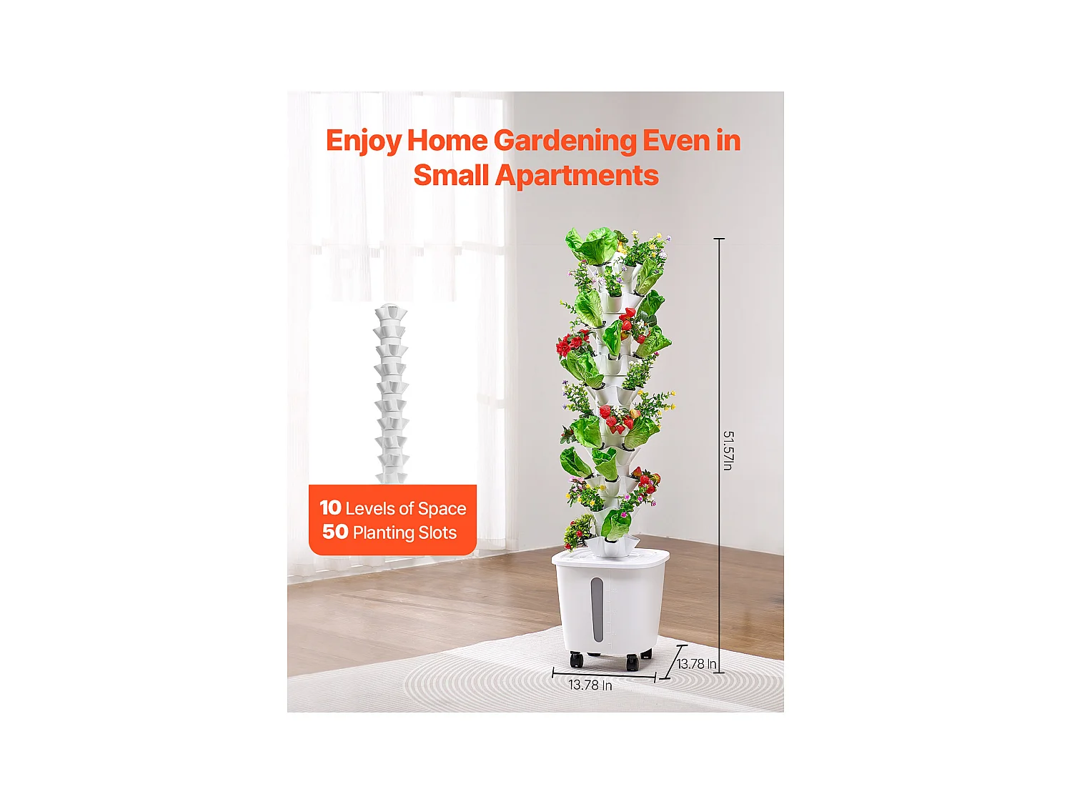 Hydrocultuursysteem SucceBuy met 50 Plantplaatsen, Verticale Toren met 10 Niveaus op Wieltjes, Uitgerust met een Waterpomp en een Kiemkit