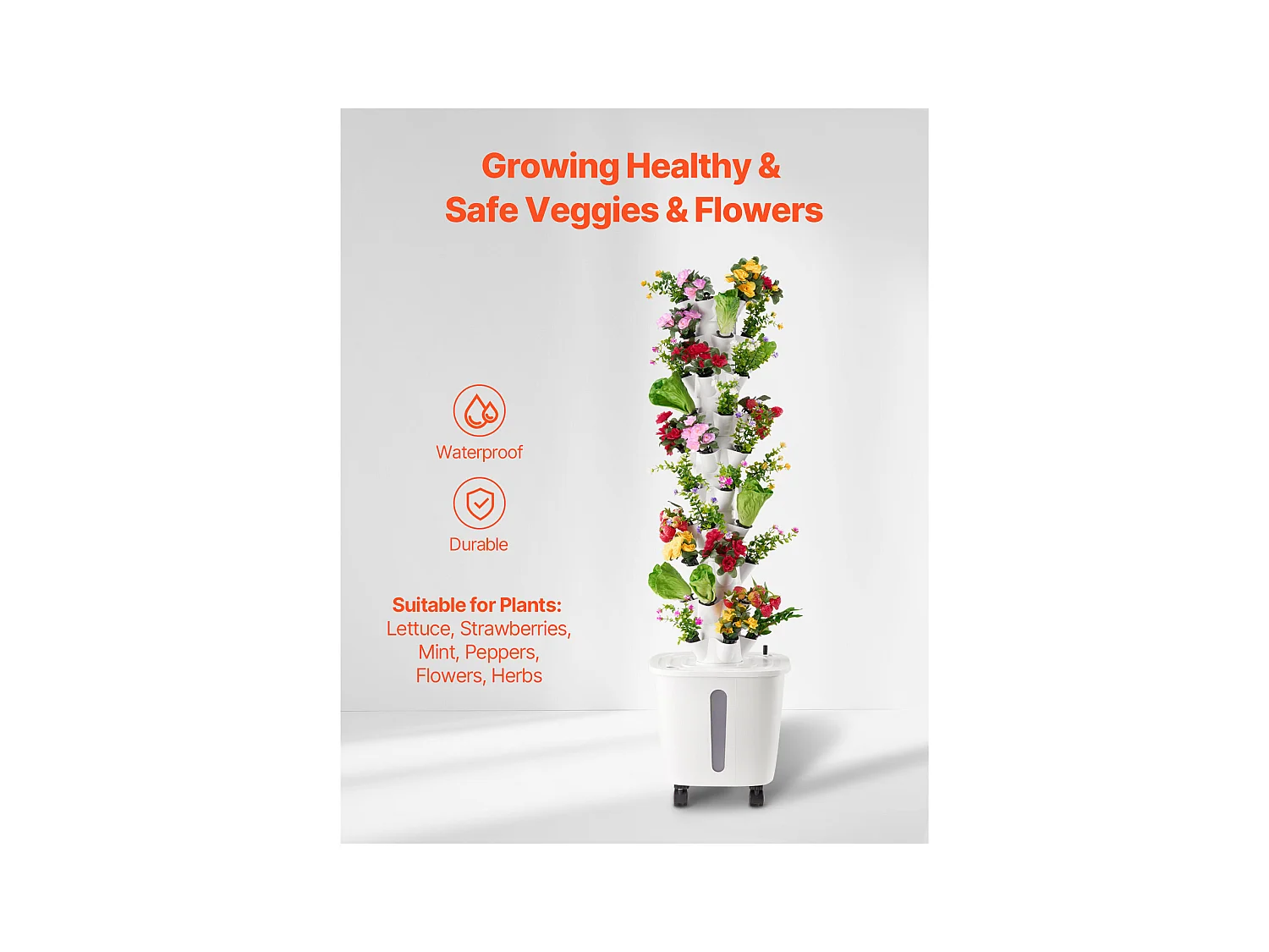 Hydrocultuursysteem SucceBuy met 50 Plantplaatsen, Verticale Toren met 10 Niveaus op Wieltjes, Uitgerust met een Waterpomp en een Kiemkit