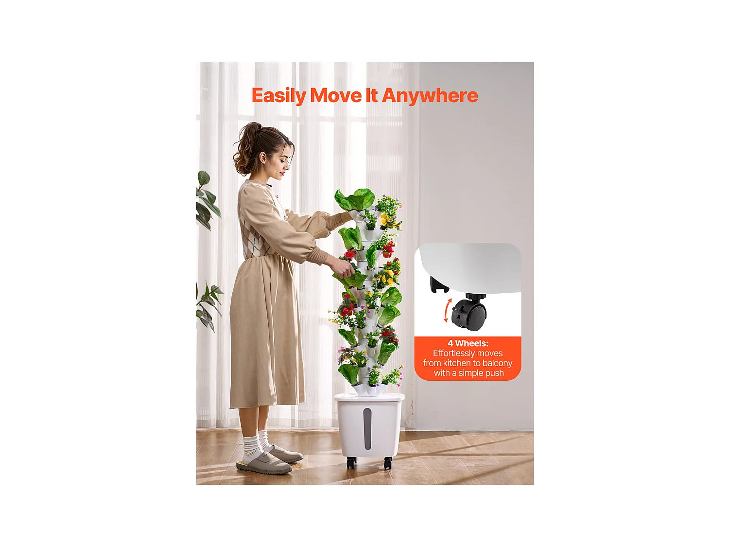 Hydrocultuursysteem SucceBuy met 50 Plantplaatsen, Verticale Toren met 10 Niveaus op Wieltjes, Uitgerust met een Waterpomp en een Kiemkit