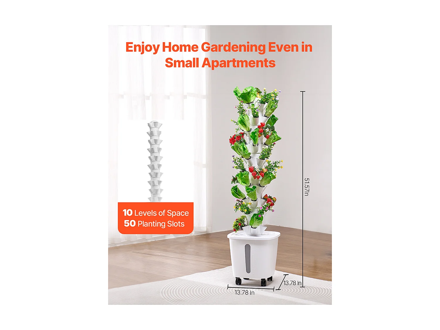 Système de Culture Hydroponique SucceBuy avec 50 Emplacements de Plantation, Tour Verticale à 10 Niveaux sur Roulettes, Idéale pour Cultiver des Herbes