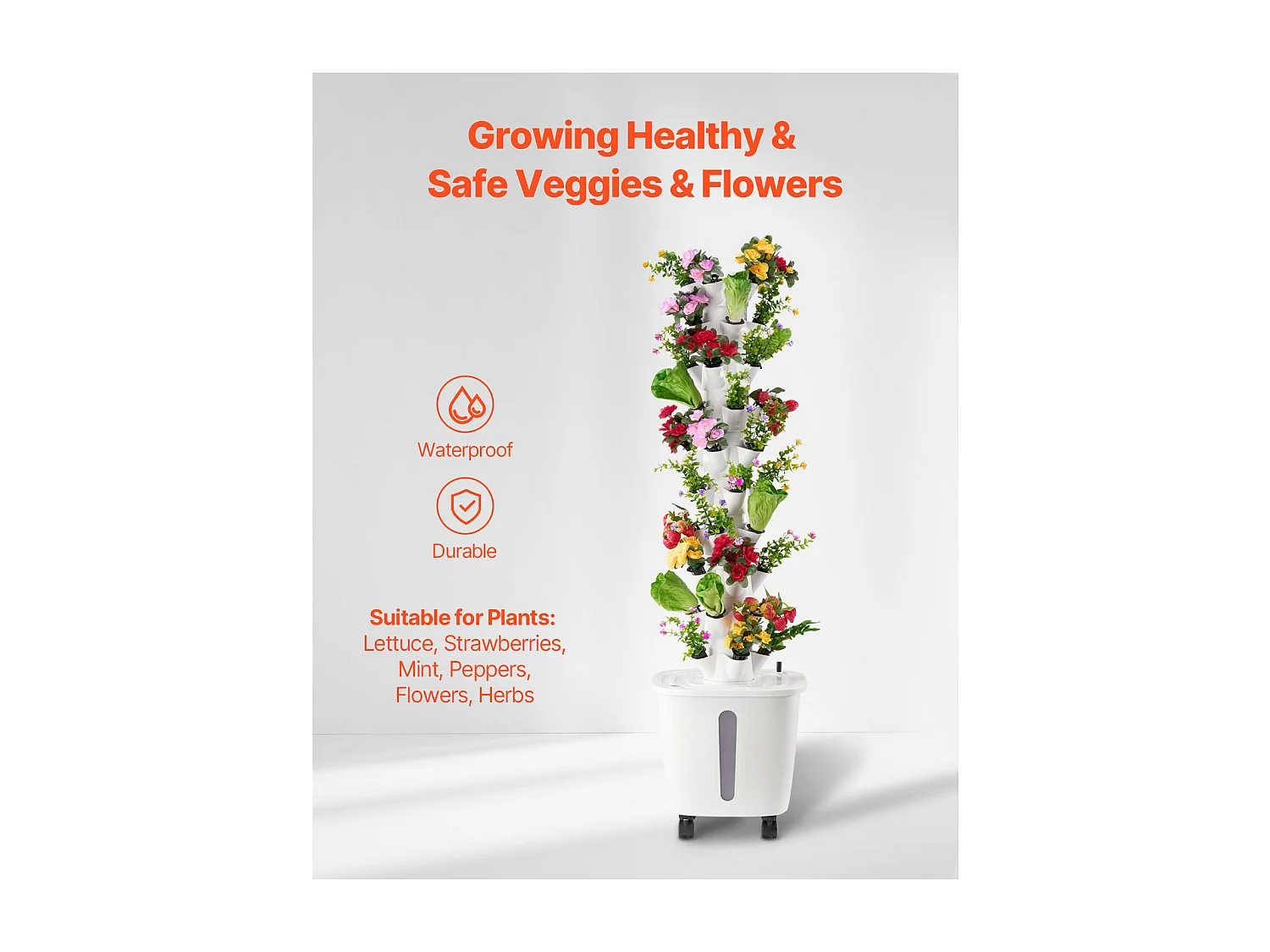 Système de Culture Hydroponique SucceBuy avec 50 Emplacements de Plantation, Tour Verticale à 10 Niveaux sur Roulettes, Idéale pour Cultiver des Herbes