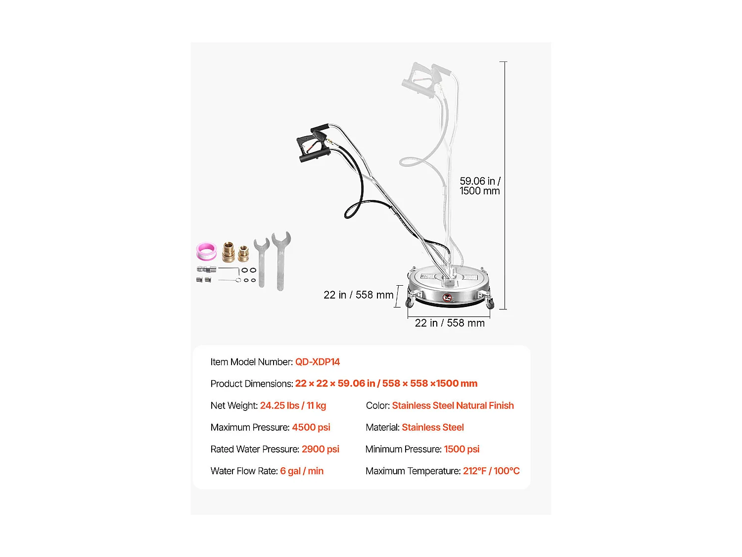 Pulitore per Superfici per Idropulitrice SucceBuy, 55,8 cm, Maniglie con Ruote, in Acciaio Inossidabile 304 Facilita la Pulizia