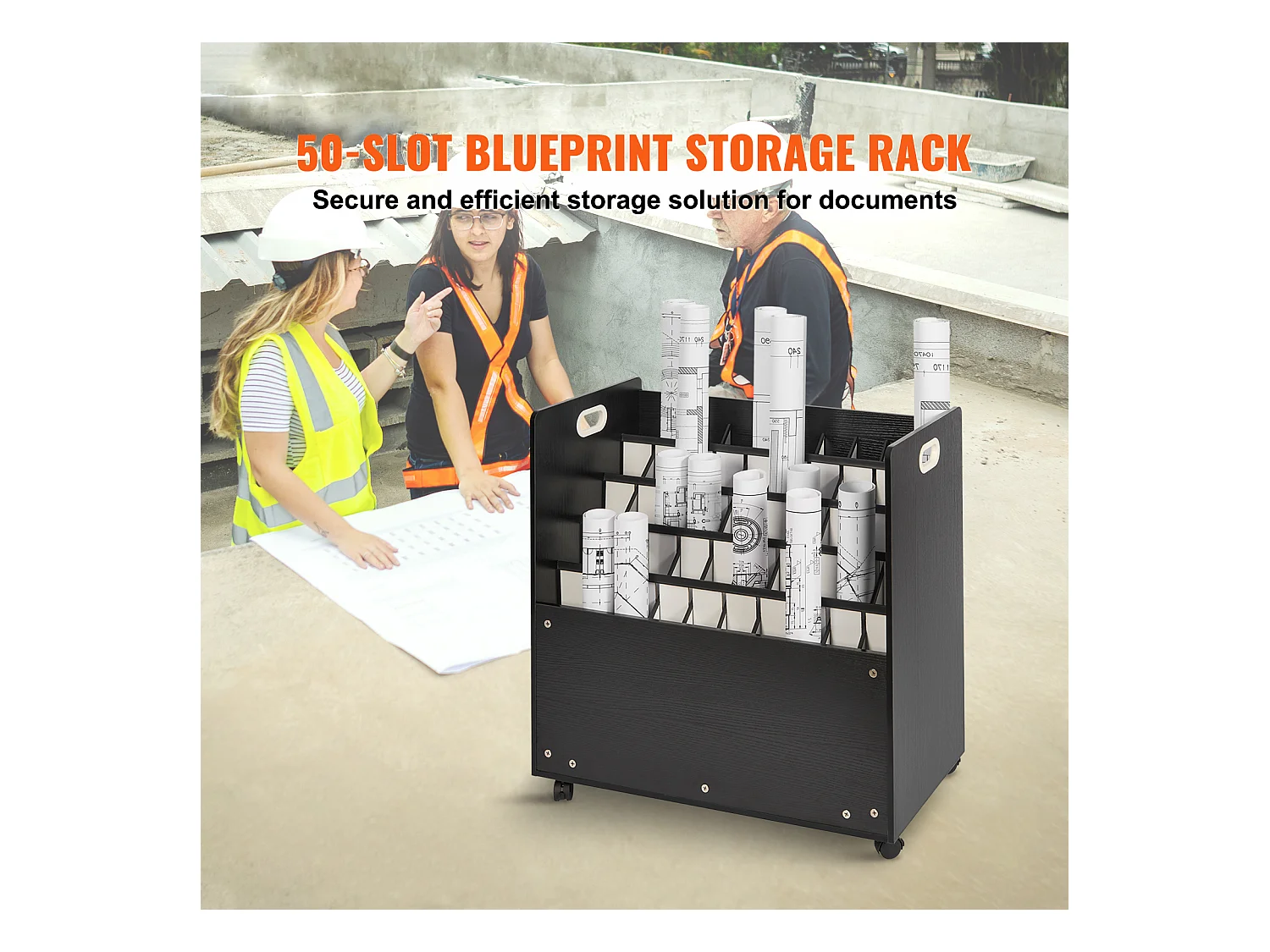 Support de Rangement Mobile en Bois pour Plans SucceBuy, 50 Emplacements, Stockage Organisé des Documents