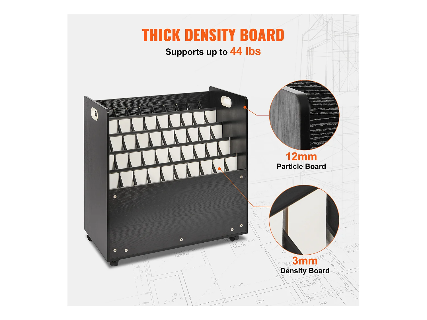 Support de Rangement Mobile en Bois pour Plans SucceBuy, 50 Emplacements, Stockage Organisé des Documents