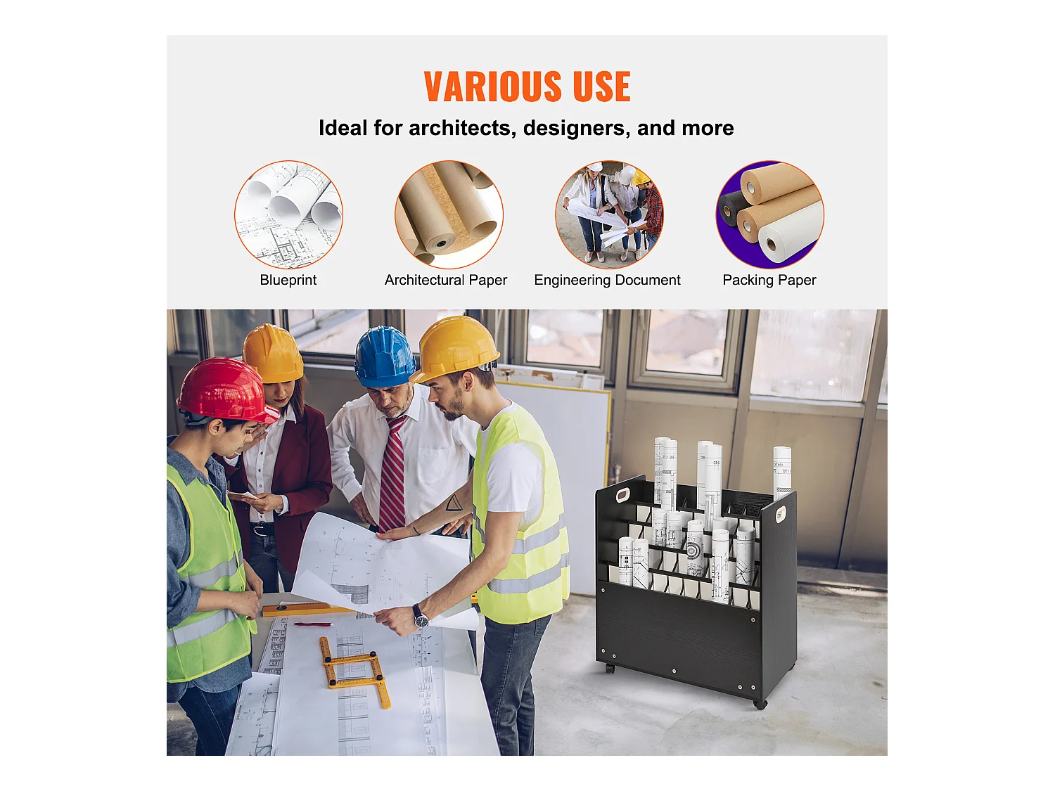 Support de Rangement Mobile en Bois pour Plans SucceBuy, 50 Emplacements, Stockage Organisé des Documents