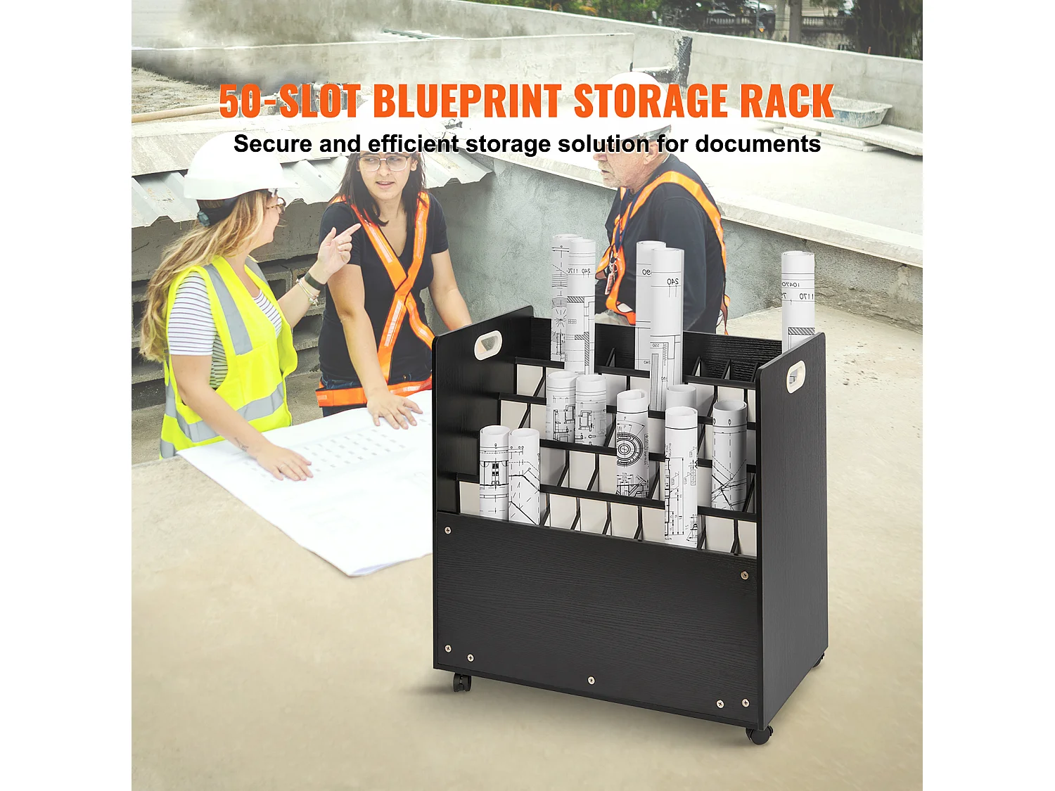 Support de Rangement Mobile en Bois pour Plans SucceBuy, 50 Emplacements, Stockage Organisé des Documents