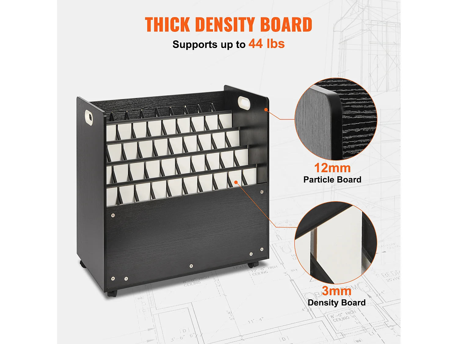 Support de Rangement Mobile en Bois pour Plans SucceBuy, 50 Emplacements, Stockage Organisé des Documents