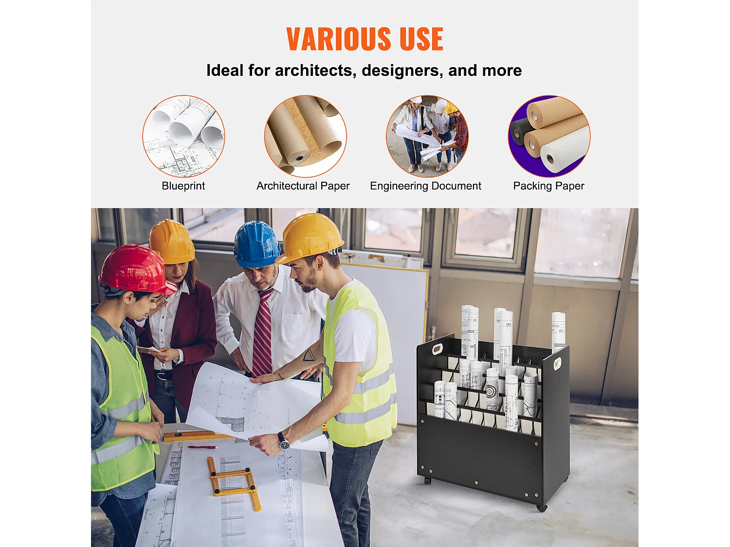 Support de Rangement Mobile en Bois pour Plans SucceBuy, 50 Emplacements, Stockage Organisé des Documents