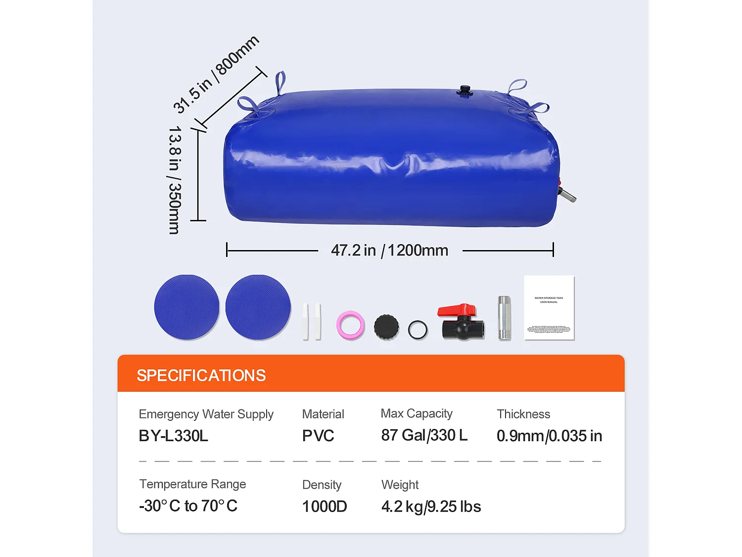 Tanque de Água Portátil SucceBuy de 330L, Dobrável em PVC 1000D, Tanque de Água para Caravana, Grande Capacidade, Portátil, Prevenção de Incêndios, Camping