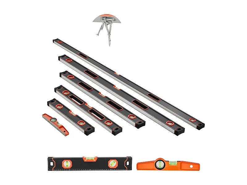 Magnetische Torpedoniveau SucceBuy, Magnetische Niveaus, met Bubbelflessen, 6 Stukken, 198/122/81/61/41/25 cm