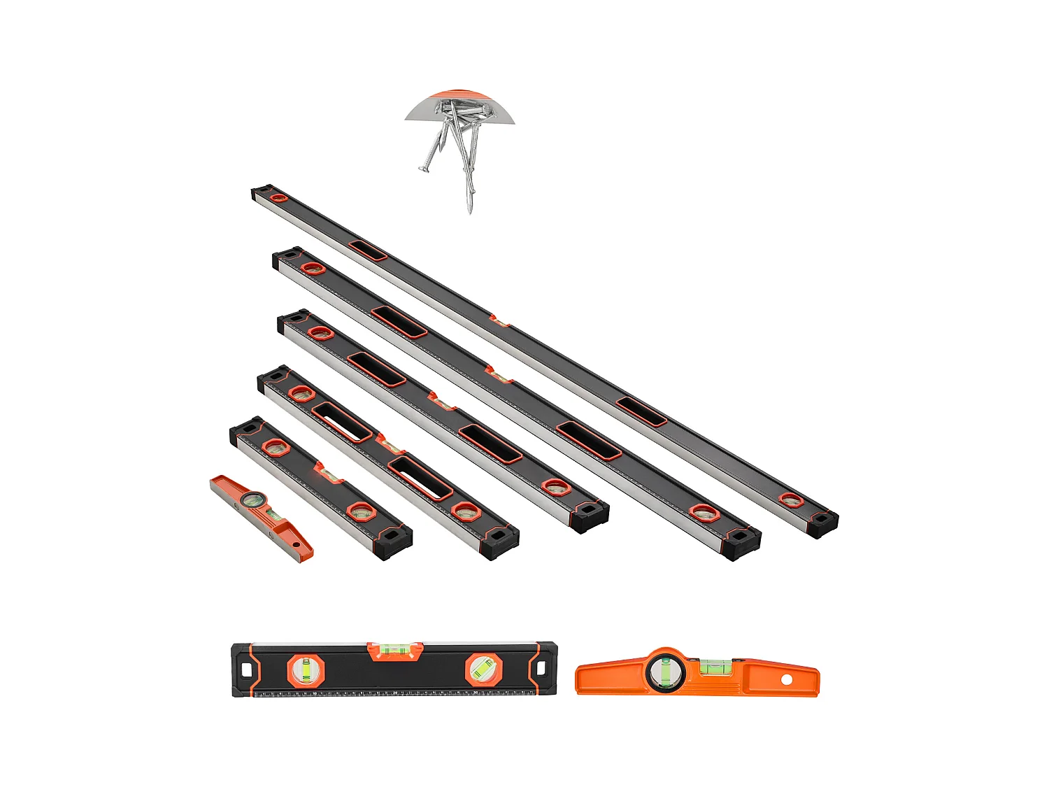 Niveau à Torpille Magnétique SucceBuy, Niveaux Magnétiques, avec Fioles à Bulle, 6 Pièces, 198/122/81/61/41/25 cm