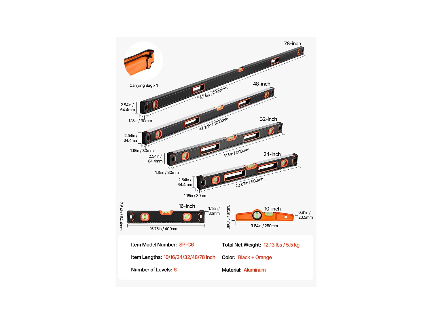 Niveau à Torpille Magnétique SucceBuy, Niveaux Magnétiques, avec Fioles à Bulle, 6 Pièces, 198/122/81/61/41/25 cm