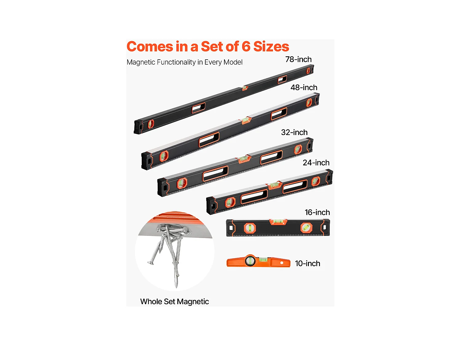 Niveau à Torpille Magnétique SucceBuy, Niveaux Magnétiques, avec Fioles à Bulle, 6 Pièces, 198/122/81/61/41/25 cm