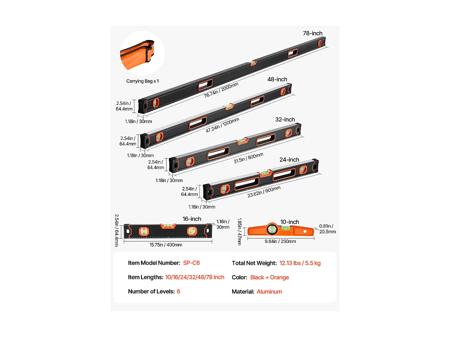Niveau à Torpille Magnétique SucceBuy, Niveaux Magnétiques, avec Fioles à Bulle, 6 Pièces, 198/122/81/61/41/25 cm