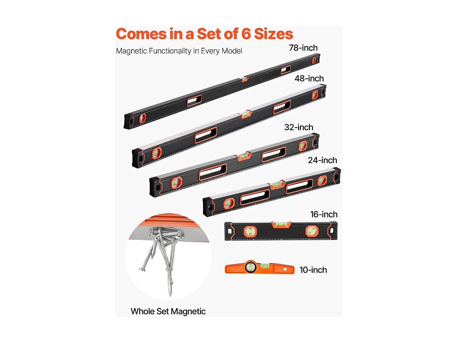 Niveau à Torpille Magnétique SucceBuy, Niveaux Magnétiques, avec Fioles à Bulle, 6 Pièces, 198/122/81/61/41/25 cm