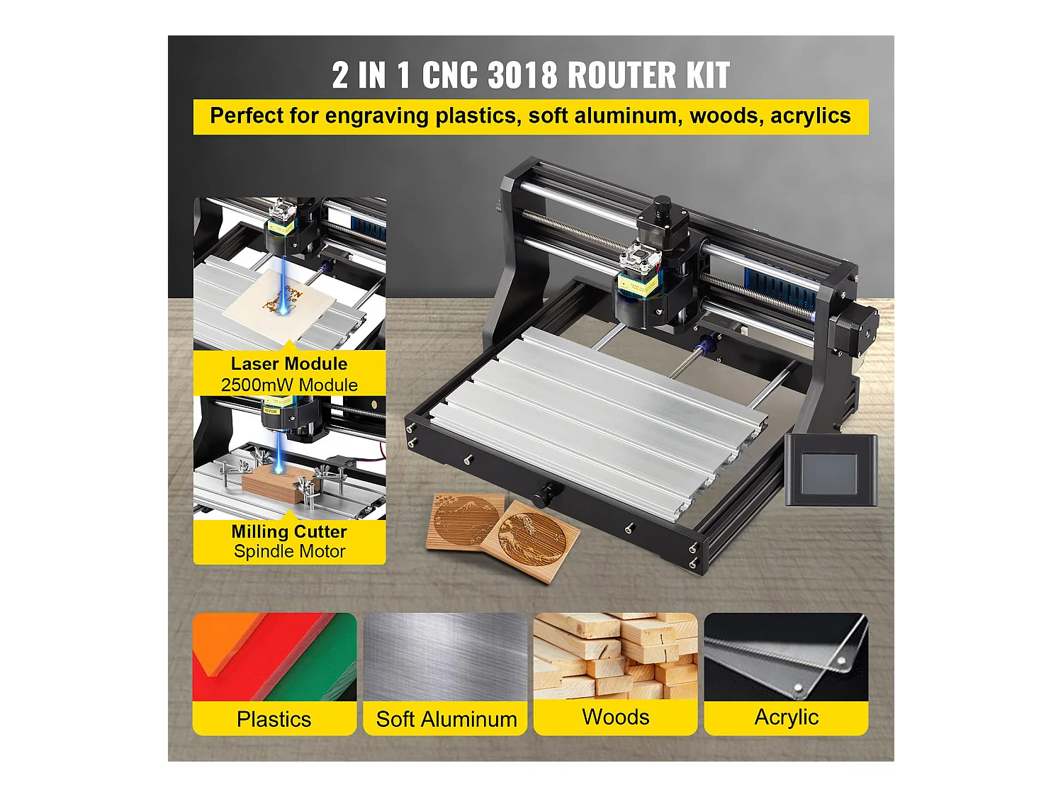 Machine à Graver, SucceBuy Machine CNC 3018 Pro, Graveur Laser 2500 mW pour Bois, Plastique, Cuir