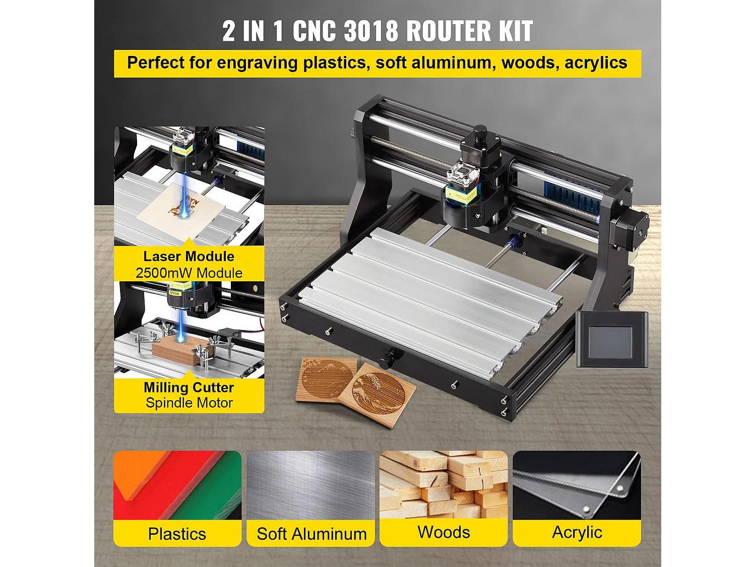Machine à Graver, SucceBuy Machine CNC 3018 Pro, Graveur Laser 2500 mW pour Bois, Plastique, Cuir