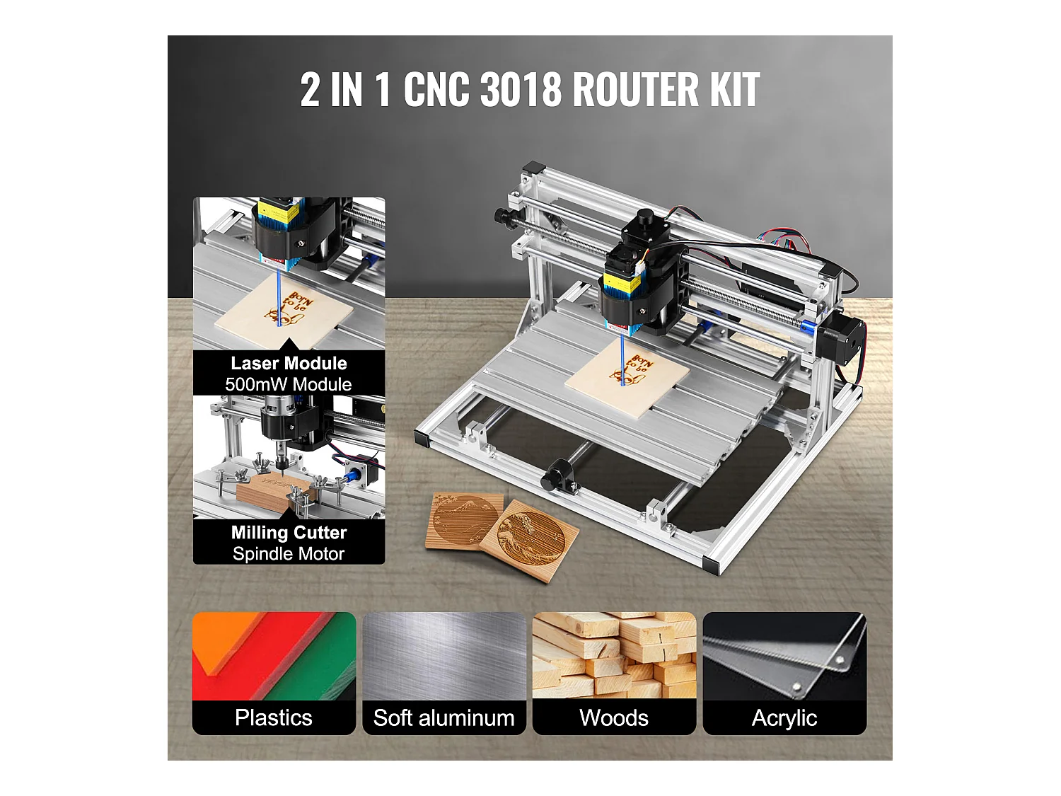 Machine à Graver, SucceBuy Kit de Gravure 3 Axes CNC 3018 DIY avec Laser 500 mW, Fraiseuse pour Bois, PCB