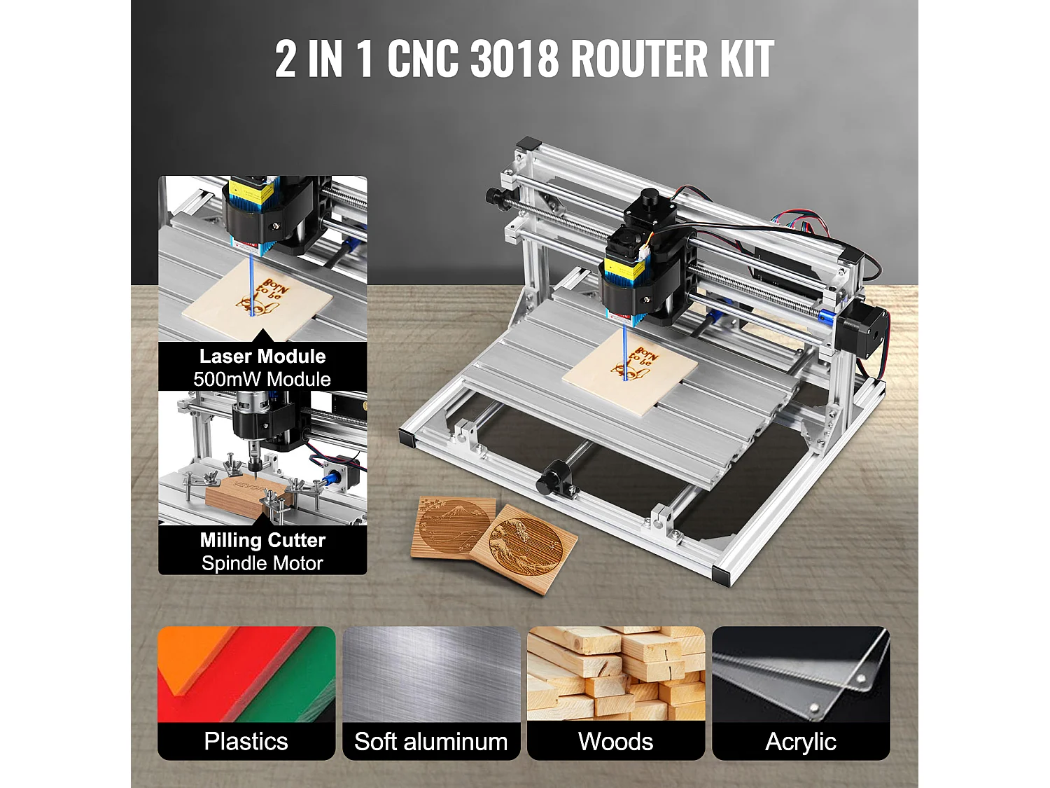 Machine à Graver, SucceBuy Kit de Gravure 3 Axes CNC 3018 DIY avec Laser 500 mW, Fraiseuse pour Bois, PCB